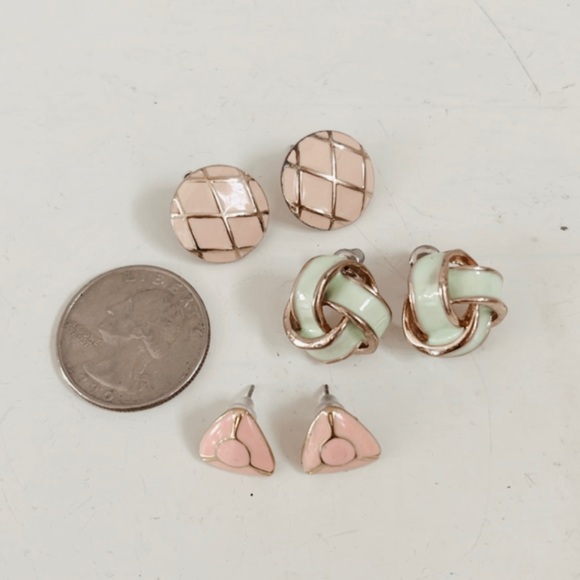 Vintage Enamel Gold Statement Earrings Knot Braided Geometric Stud Pink Green - Picture 8 of 8